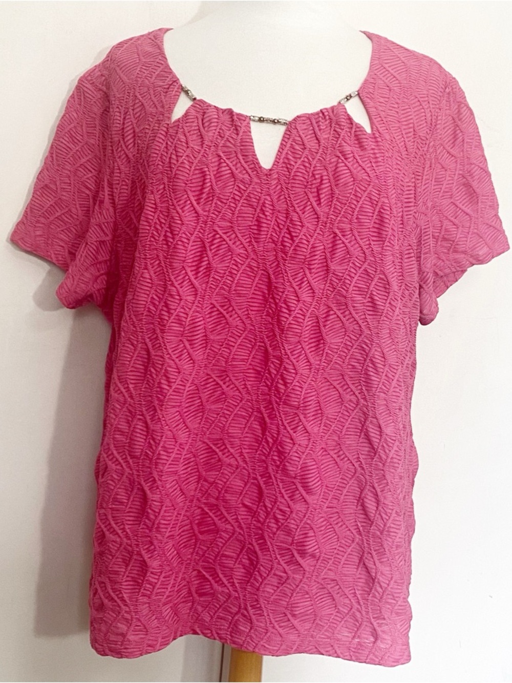 Sag Harbor Hot Pink Textured Knit Short-Sleeve Lined Top with Chain Accent 2X